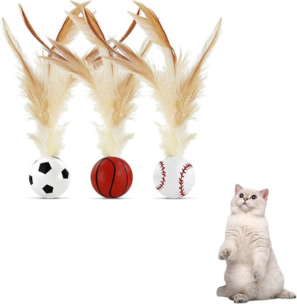 Andiker 3PCS Cat Bouncy Ball with Feather, Colorful Cats Feather Ball Toy Set with Good Elastic for Exercising Chasing Chewing to Reduce Anxiety Interactive Kitten Toys for Indoor Cats (Small, Sport)