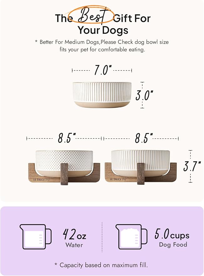 LE TAUCI PET Ceramic Dog Bowls for Medium Large Dogs - 5 Cup Large Dog Food and Water Bowls with Wood Stand, Cute Pet Dishes Set of 2, Lines+Dot