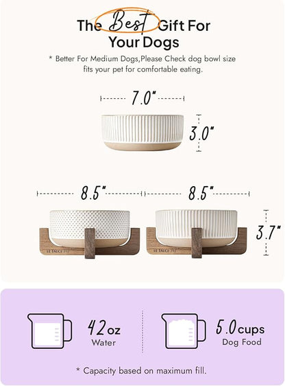 LE TAUCI PET Ceramic Dog Bowls for Medium Large Dogs - 5 Cup Large Dog Food and Water Bowls with Wood Stand, Cute Pet Dishes Set of 2, Lines+Dot