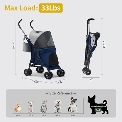 Lightweight 10 lbs Foldable Pet Stroller for Small Dogs & Cats, Easy-Fold Compact, with Adjustable Sun Canopy, Cup Holder, Breathable Mesh, Pad & Storage Bag, Holds 33 lbs, Blue