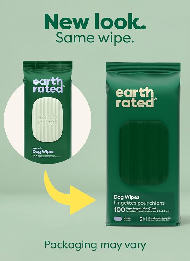 Earth Rated Dog Wipes, Hypoallergenic, 3-in-1 Cleaning and Hydrating, for Grooming Paws, Body and Butt, Lavender Scented, 100 Count