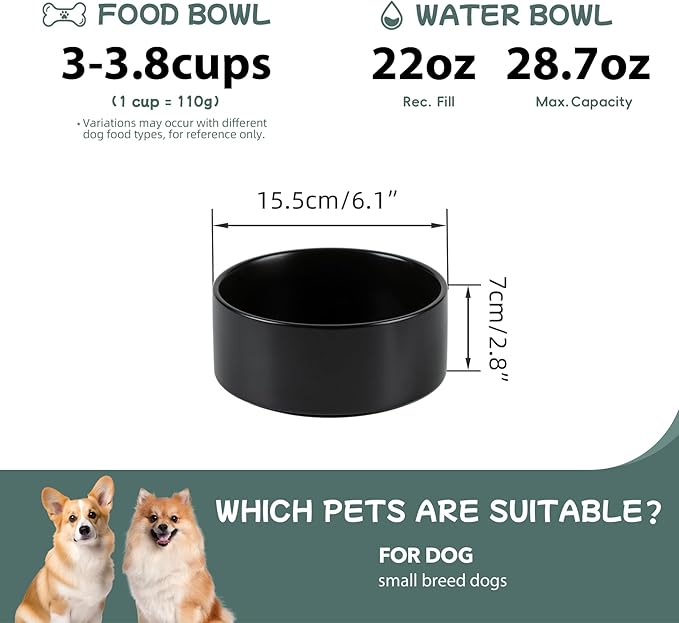 Ceramic 6.1inch Non-Slip Dog Food and Water Bowl for Small & Medium Breed Dogs,Pet Bowl for Replacement, Protects Cervical Spine (Black)