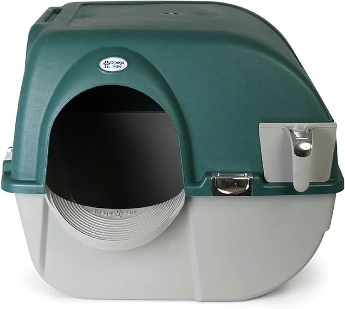 Omega Paw VMRA20-1-PR Premium Roll 'N Clean Large Self Cleaning Litter Box with Integrated Litter Step and Unique Sifting Grill, Forest Green