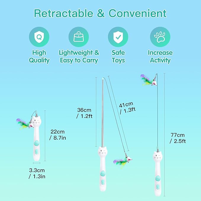 SEVENKA 3in1 Cat Toy, Rechargeable UV Flashlight and Retractable Rod with Feather Toy, USB-C White Light & 395nm Blacklight for Pet Urine Stains, Bed Bugs, Interactive Toy for Cat, Kitten