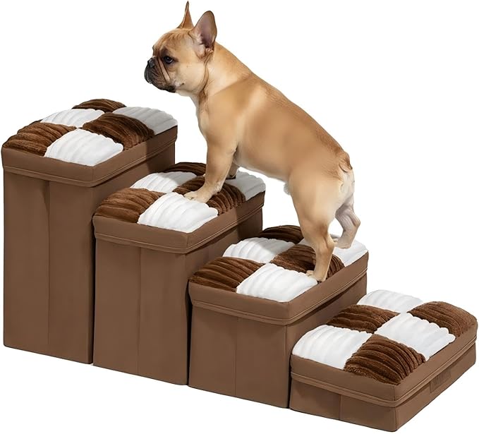 FUNNYFUZZY Dog Stairs for Small Dogs - 4 Steps Chessboard Plaid Handcrafted Dog Stairs with Storage - Multifunctional and Foldable, Brown