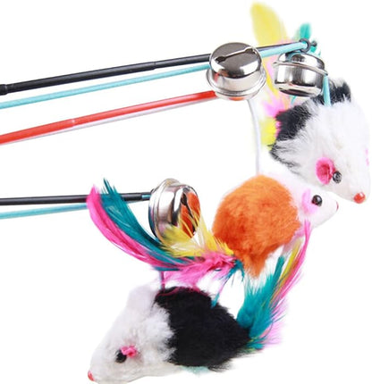 Giveme5 3pcs Funny Pet Feather False Mouse with Plastic Stick 31cm and Small Bell Cat Kitten Playing Scratch Toy (Color Random)