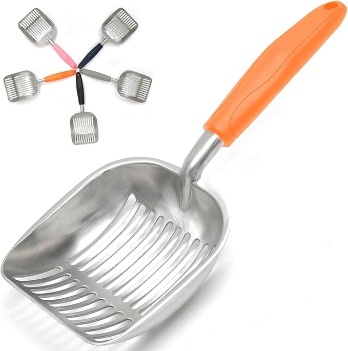 Cat Litter Scoop, Kitty Metal Scooper, Aluminum Alloy Sifter, Kitten Pooper Lifter, Deep Shovel, Long Handle, Poop Sifting, Durable, Heavy Duty, for Litter Box