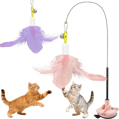 Walfront Indoor Interactive Cat Toy Wand with 4PCS Feather Attachments & Suction Base - 2 Play Modes, Solo Play & Owner Interaction, Boost Jumping & Hunting Skills, Fun & Engaging for Cats