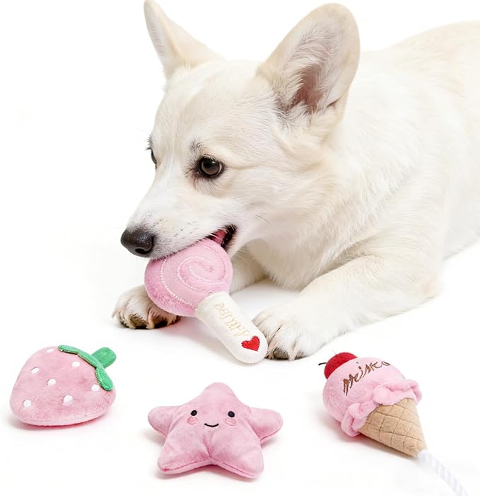Small Dog Toys, 4 Pack Pink Dog Squeak Toys, Puppy Toys for Small Dogs, Durable Plush Dog Toy Set, Soft Dog Chew Toys for Puppies & Small Dogs, Dog Stuffed Toys Gift Pack