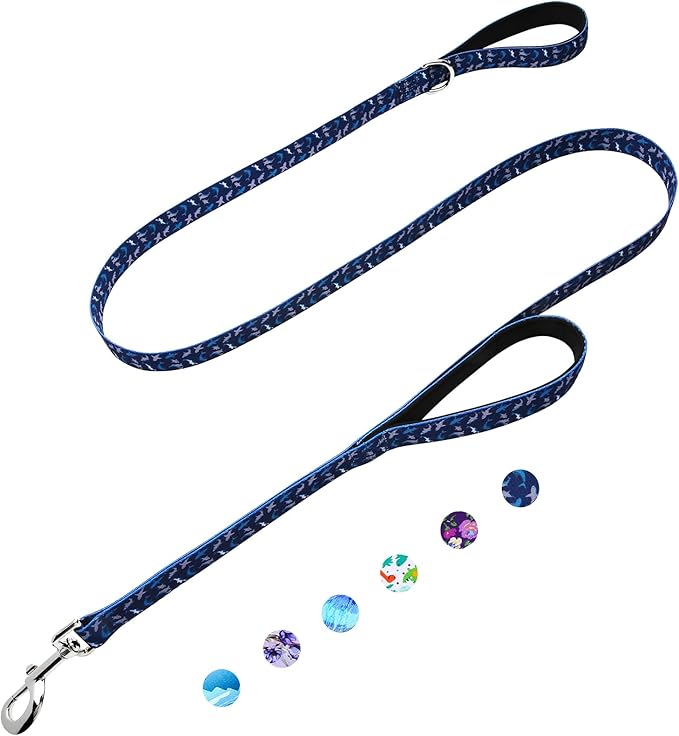 Double Handle Dog Leash 6 Foot with 2 Padded Handles, Heavy Duty Nylon Dog Leash with Traffic Control Handles,Walking Training Lead, Deep Blue Shark