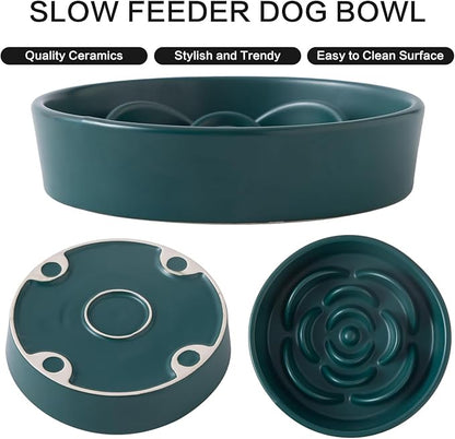 8.25'' Ceramic Slow Feeder Dog Bowls - Petal Shape Modern Dog Food Dish for Medium and Large Breeds, Puzzle Maze Bowl to Slow Down Eating, Anti-Gulping, Dishwasher & Microwave Safe, Green