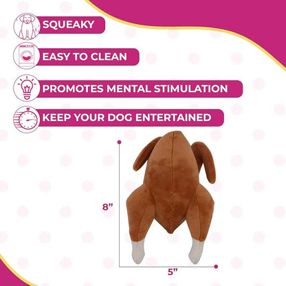 Glow Pups Turkey Dog Toy with Squeaker, Durable Plush Thanksgiving Dog Toy Turkey for Fetch, Promotes Mental Stimulation, Easy to Clean, 8 X 5 Inches, Brown Plush