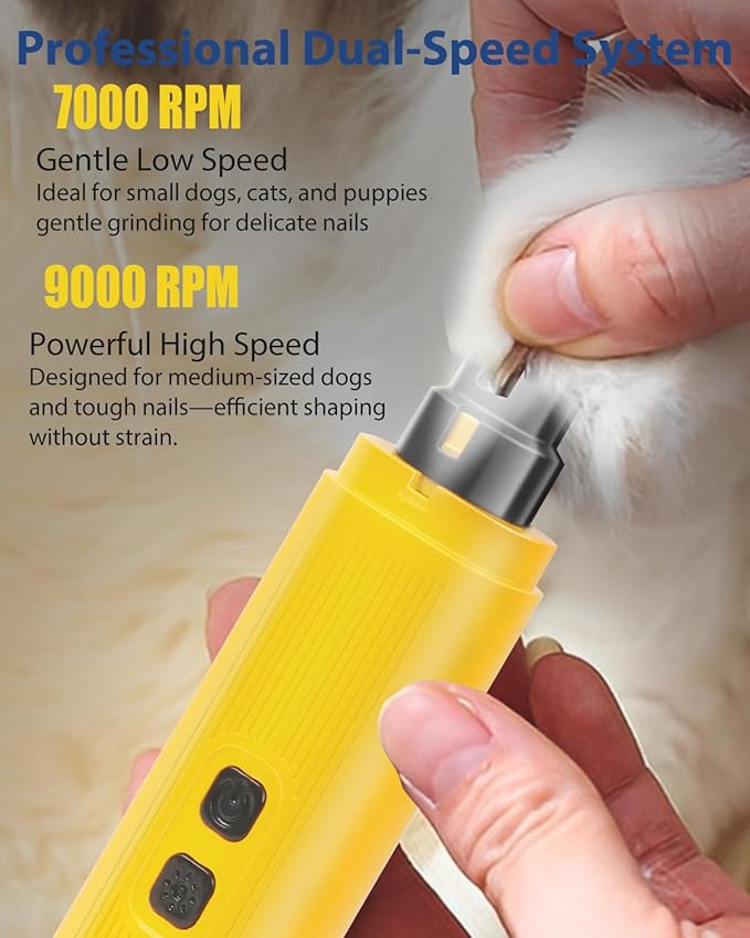 Electric Dog Nail Grinder with 2 Level LED Lights, 2 Speed Super Quiet and Low Vibration Electric Cat Nail Grinder - Rechargeable Pet Nail Grinder for Small Dogs Cats - Yellow