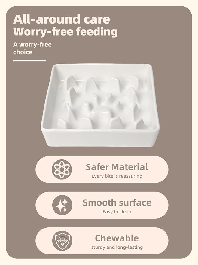 GDCZ Dog Slow Feeder Bowls, Square Ceramic Pet Food Bowl for Medium Breed, Fun Dog Bowls to Slow Down Eating (White, M-1.8 Cups)
