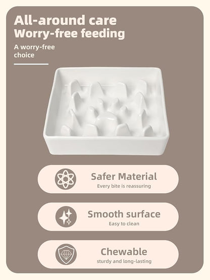 GDCZ Dog Slow Feeder Bowls, Square Ceramic Pet Food Bowl for Medium Breed, Fun Dog Bowls to Slow Down Eating (White, M-1.8 Cups)