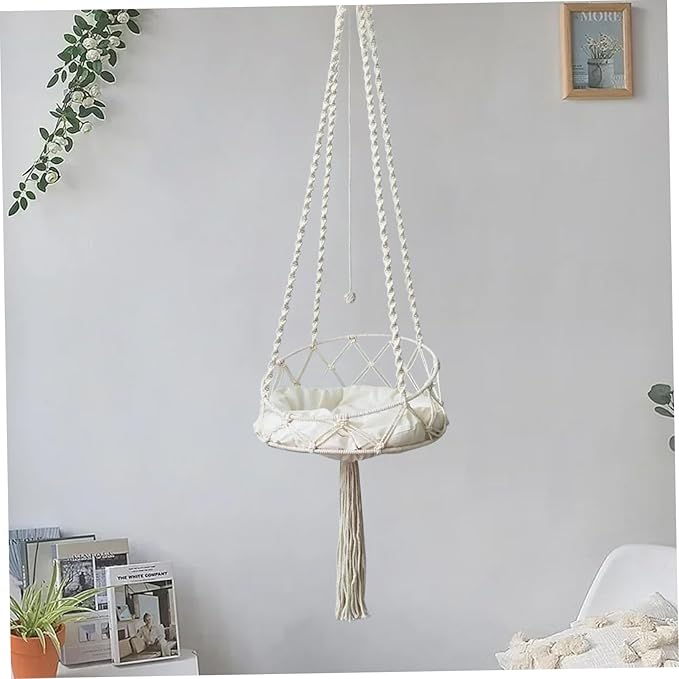 Macrame Cat Hammock with Tassel & Roped Ball, Boho Tilted Swing Bed for Indoor Cats/16x51 Inch
