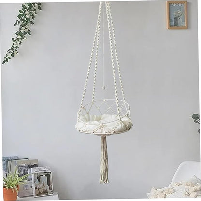 Macrame Cat Hammock with Tassel & Roped Ball, Boho Tilted Swing Bed for Indoor Cats/16x51 Inch
