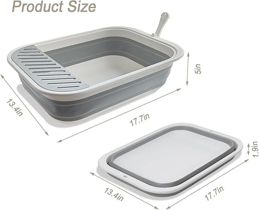 Senior Cat Litter Boxes, Collapsible Open Low Entry Cat Litter Pan with Scoop Travel Kitten Potty Pan Foldable Pet Toilet for Sick Disabled Older Elderly Cats Pink 20.9x15.7x5.7 inch