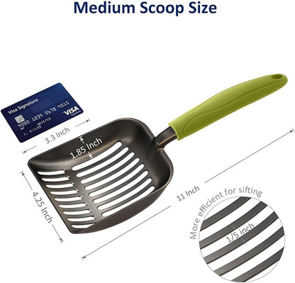 WePet Cat Litter Scoop, Non-Stick Plated Aluminum Alloy Sifter, Kitty Durable Metal Scooper, Deep Shovel, Long Handle, Kitten Pooper Lifter, Size Medium, Coated Black Body with Green Handle