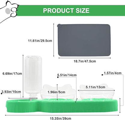 Triple Cat Bowls with Water Dispenser, Pet Whisker Friendly Water and Food Bowl Set with Non-Slip Mat, 15° Tilted Double Feeding Bowls, Elevated Wet and Dry Food Dish for Kitten&Small Dog (Mint)