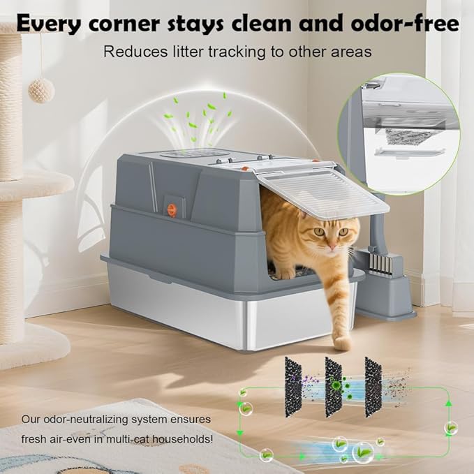 SZEE Stainless Steel Cat Litter Box with 180°Flip-Top Lid, Easy Clean XL Enclosed Litter Box, Large Covered Steel Cat Box with Scoop, Odor Control and Anti-Urine Leakage, 23.2*15*15 Inch, Dark Gray