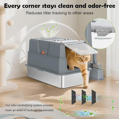 SZEE Stainless Steel Cat Litter Box with 180°Flip-Top Lid, Easy Clean XL Enclosed Litter Box, Large Covered Steel Cat Box with Scoop, Odor Control and Anti-Urine Leakage, 23.2*15*15 Inch, Dark Gray