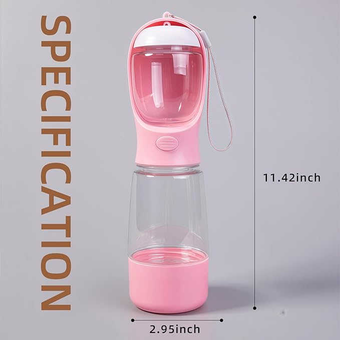 3-in-1 Dog Water Bottle Portable Leak Proof Pet Water Dispenser with Built-in Snack Storage & Waste Bag Holder 14oz for Outdoor Walking, Hiking Travel Pink
