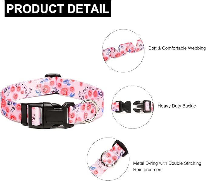 Mercano Adjustable Dog Collar - Special Design Patterns, Soft Nylon Comfortable Durable Pet Collar for Small Medium Large Dogs (S, Rose)