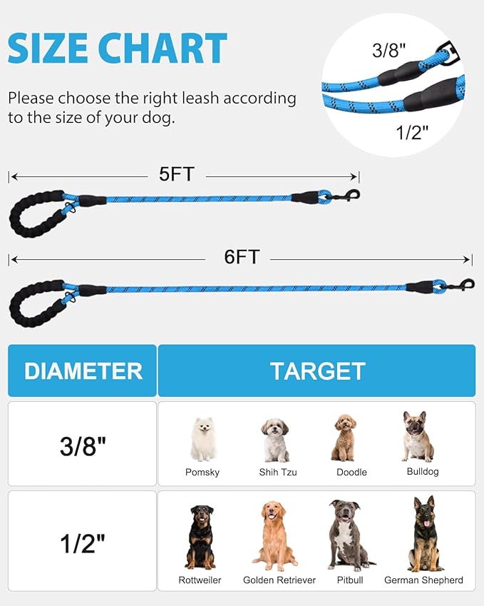 Joytale Dog Leash for Large Dogs, Heavy Duty Nylon Leashes with Comfortable Padded Handle and Highly Reflective Threads, Ideal for Walking and Training, SkyBlue, 5'×1/2''
