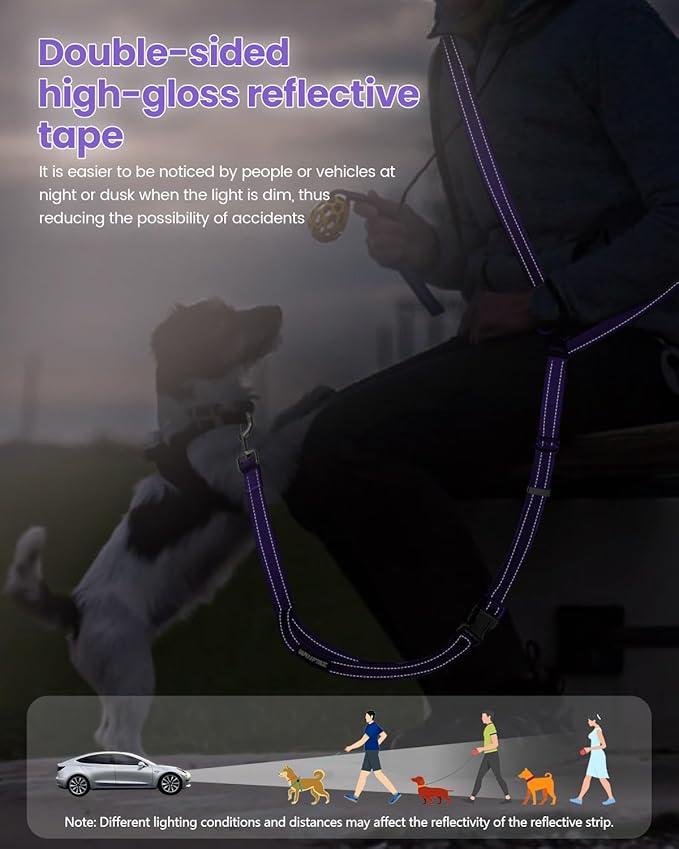Hands Free Dog Leash, 2-in-1 Detachable Pet Seatbelt,5.9-9.2 ft Crossbody Dog Leash with Double-Sided Reflective for Walking, Hiking, Travel etc.(Purple)