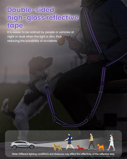Hands Free Dog Leash, 2-in-1 Detachable Pet Seatbelt,5.9-9.2 ft Crossbody Dog Leash with Double-Sided Reflective for Walking, Hiking, Travel etc.(Purple)