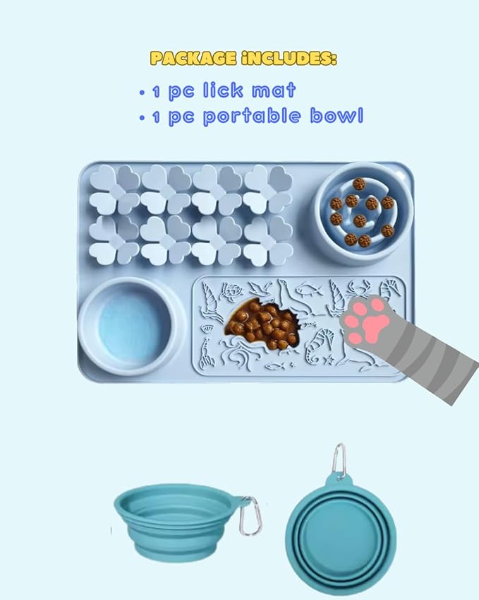 Silicone Lick Mat & Slow Feeder Bowl for Dogs and Cats – Suction Cup Snuffle Mat for Dogs and Cats – Slow Eating, Smell Training, Collapsible Portable Pet Bowl (Blue)