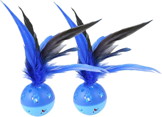 BeeSpring Cat Balls Interactive Cat Toy Feather Balls with Loud Bell Inside (2Pcs Blue)