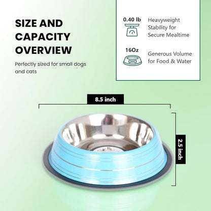 Iconic Pet Color Splash Stripe Non-Skid Stainless Steel Dog & Cat Bowl - Blue, 16 Oz, 2 Cup, Durable, Easy to Clean, Anti-Slip Feeding Dish for Food & Water, Stylish Design for Dogs and Cats