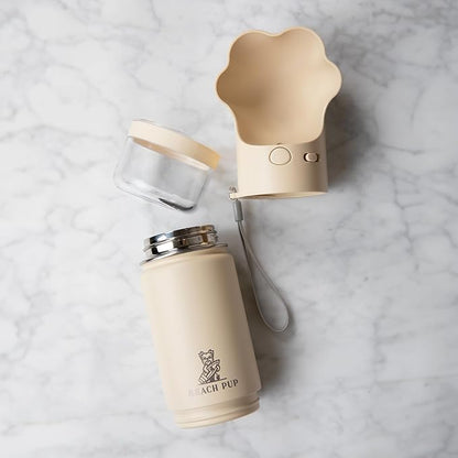Dog Portable Water Bottle Stainless Steel 10 oz with Food Container - Pet Water Bottle - Cream Portable Dog Water Dispenser with Bowl and Container