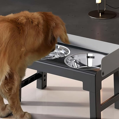 Marchul Elevated Dog Bowls, Raised Dog Food Water Bowl with 2 Thick Stainless Steel Bowls, 6 Height Adjustable, Non-Slip Stand, Spill-Proof for Medium Large Dogs (with Fence + Mat)