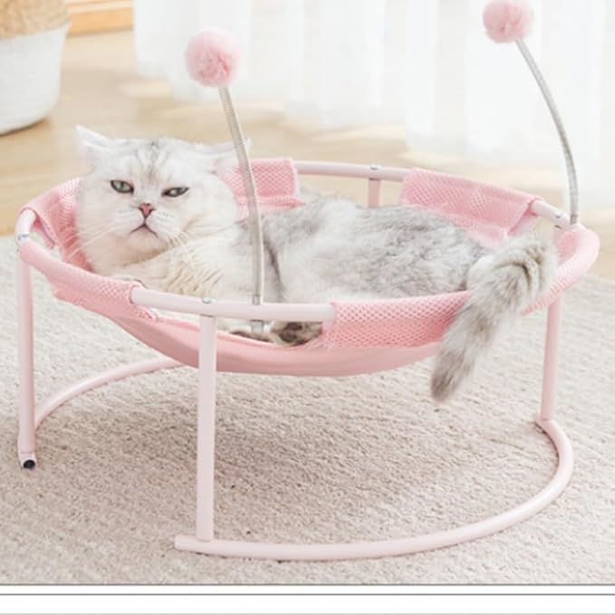 Cat Bed Summer Hammock Bed Free-Standing Cats Sleeping Supplies Washable & Breathable Easy Assembly Indoors Outdoors, 18 in x 18 in x 7.5 in (Pink)