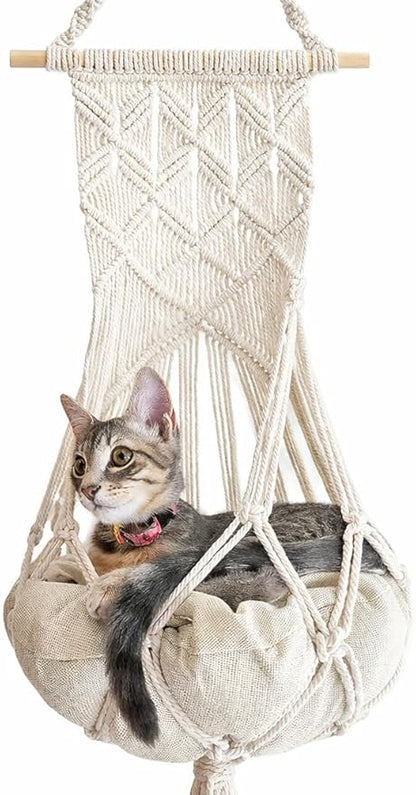 KARCEEY Macrame Cat Hammock Hanging Bed - Boho Wall Swing with Catnip Cushion for Wall Climber & Window Perch - Hardware Kit Included