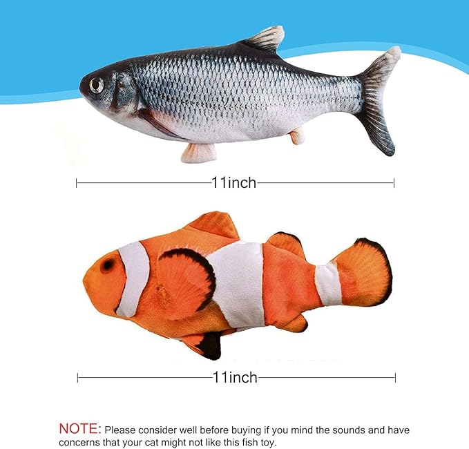 Tocirelo Interactive Cat Toys Flopping Fish with Catnip, Moving Cat Toys for Indoor Cats 2Pack, 11" Electric Automatic Kitten Kicker Exercise Toy, Wiggle SilverVine Floppy Fish for Small Dogs, Kitten