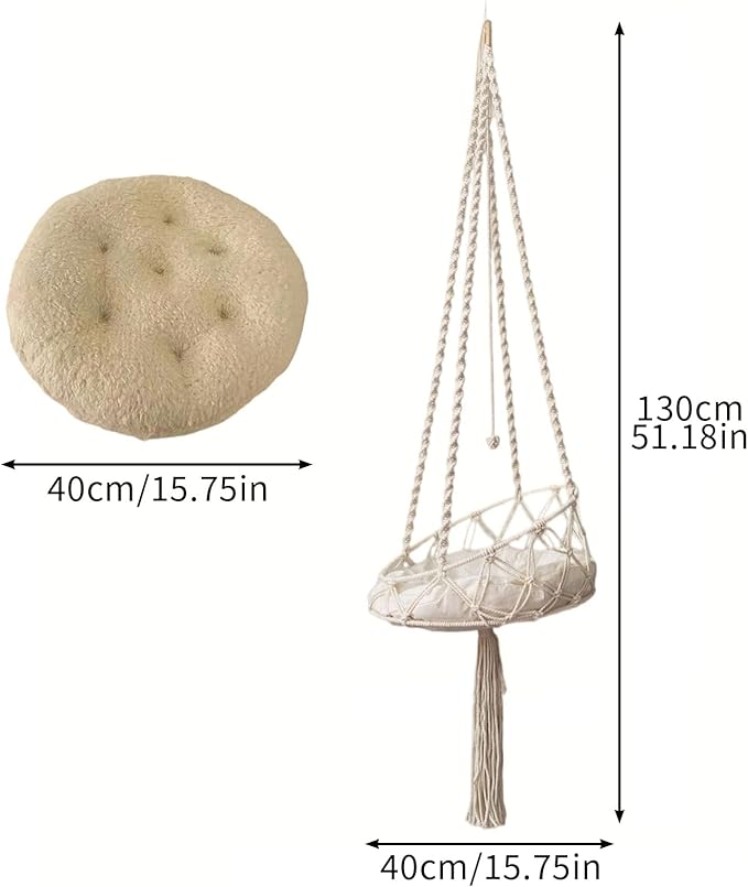 Macrame Cat Hammock with Cushion Handwoven Boho Hanging Cat Bed Pet Kitten Swing Bed for Playing Sleeping Climbing and Lounging (130 cm)