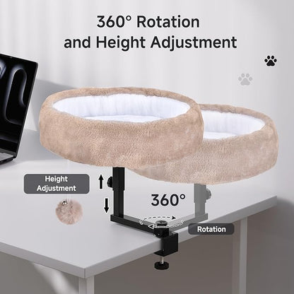 Cat Desk Bed - 360° Rotating & Adjustable, Supports 50 lbs, Soft Faux Fur with Dual-Sided Reversible Mat, Modern Indoor Cat Nest Furniture for Office Desks and Game Tables, Island Table