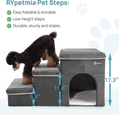 Foldable Pet Stairs for Beds & Sofas - Non-Slip Dog Steps with Storage for Small to Medium Dogs & Cats, Supports up to 120 lbs - Durable 2 & 3-Step Doggie Ladder for Easy Access