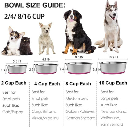 Deep Stainless Steel Non-Skid Dog and Food Bowls, Each Holds Up to 8 Cups, Set of 2 Packs(8.5 x 2.6 Inches)