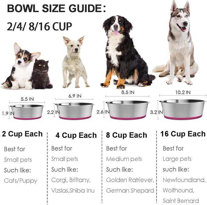 Deep Stainless Steel Non-Skid Dog and Food Bowls, Each Holds Up to 16 Cups, Set of 2 Packs(10.2 x 3.2 Inches)