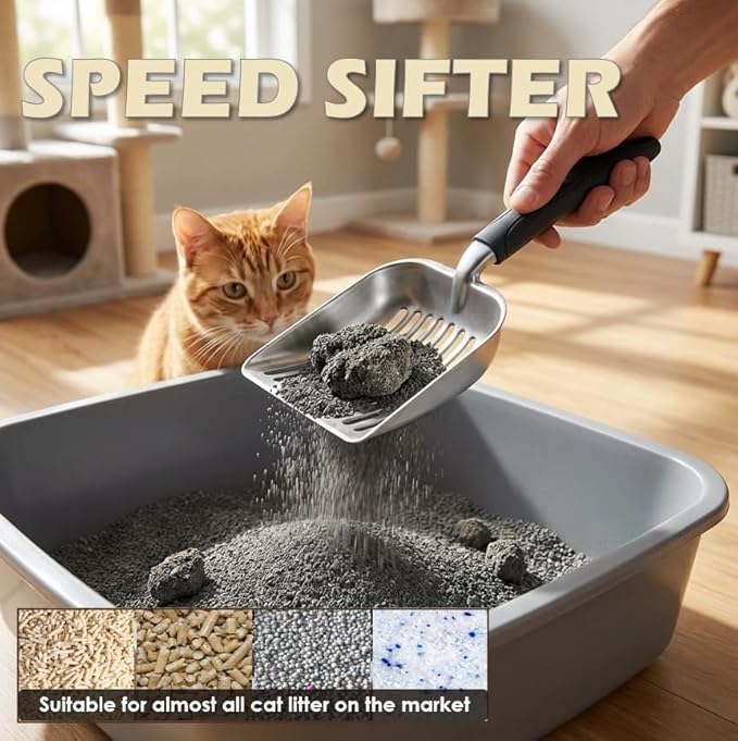 4-in-1 Cat Litter Scoop with Holder, Cat Litter Box Organizer Cleanup Kit - Sweeper & Dustpan, Aluminum Kitty Litter Scooper and Storage Caddy (Black)