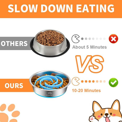 2-in-1 Metal Dog Bowl with Slow Feeder Insert, Stainless Steel Dog Bowls Food Grade 304, Water Food Bowl with Anti-Slip Silicone Base for Small, Medium, Large Dogs