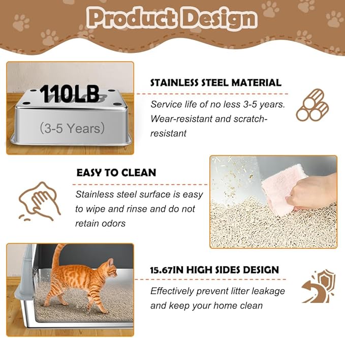Vivifying Stainless Steel Litter Box with Lid, XL Front Entry Enclosed Extra Large Litter Box for Big Cats & Kitty, Top Exit Metal Cat Pan with Scoop, Mat, Trapping Step, Charcoal Filter (Gray)