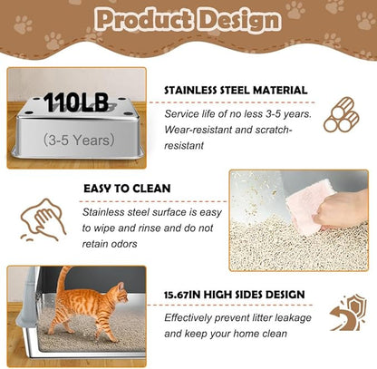 Vivifying Stainless Steel Litter Box with Lid, XL Front Entry Enclosed Extra Large Litter Box for Big Cats & Kitty, Top Exit Metal Cat Pan with Scoop, Mat, Trapping Step, Charcoal Filter (Gray)
