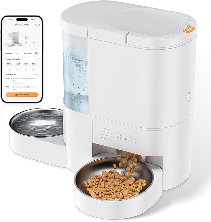 Automatic Cat Feeder and Water, 5G WiFi App Controlled Cat Dry Food Dispenser, 2 in 1 Timed Pet Feeder, 4L Food & 3L Gravity Waterer with Voice Recording, 10 Meals Programmable 1-15 Portion Control