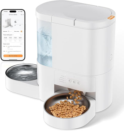 Automatic Cat Feeder and Water, 5G WiFi App Controlled Cat Dry Food Dispenser, 2 in 1 Timed Pet Feeder, 4L Food & 3L Gravity Waterer with Voice Recording, 10 Meals Programmable 1-15 Portion Control